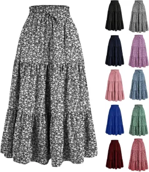 Maxi Skirts for Women High Waisted Tiered A Line Long Skirt Drawstring Flowy Floral Pleated Summer Skirt with Pockets