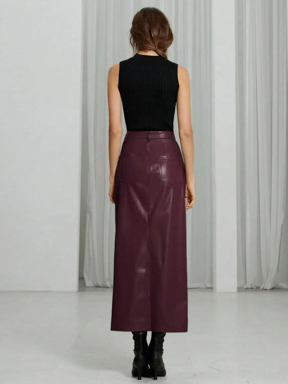 Maxi Skirts for Women Pocket Side Slit Hem Long PU Leather Skirt