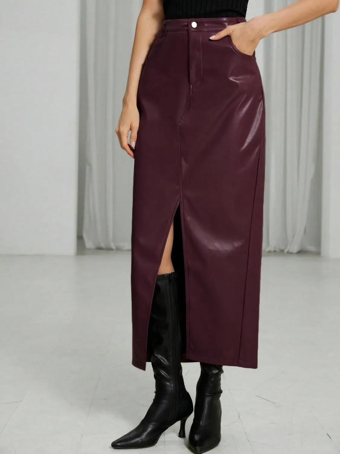 Maxi Skirts for Women Pocket Side Slit Hem Long PU Leather Skirt