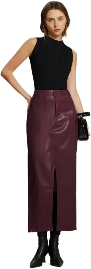 Maxi Skirts for Women Pocket Side Slit Hem Long PU Leather Skirt