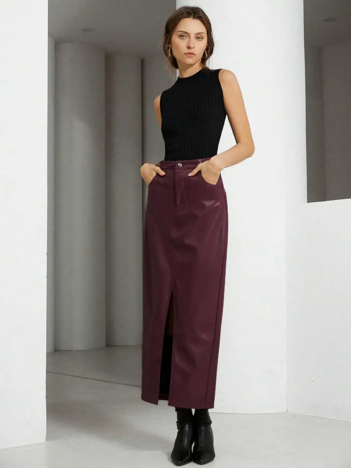 Maxi Skirts for Women Pocket Side Slit Hem Long PU Leather Skirt