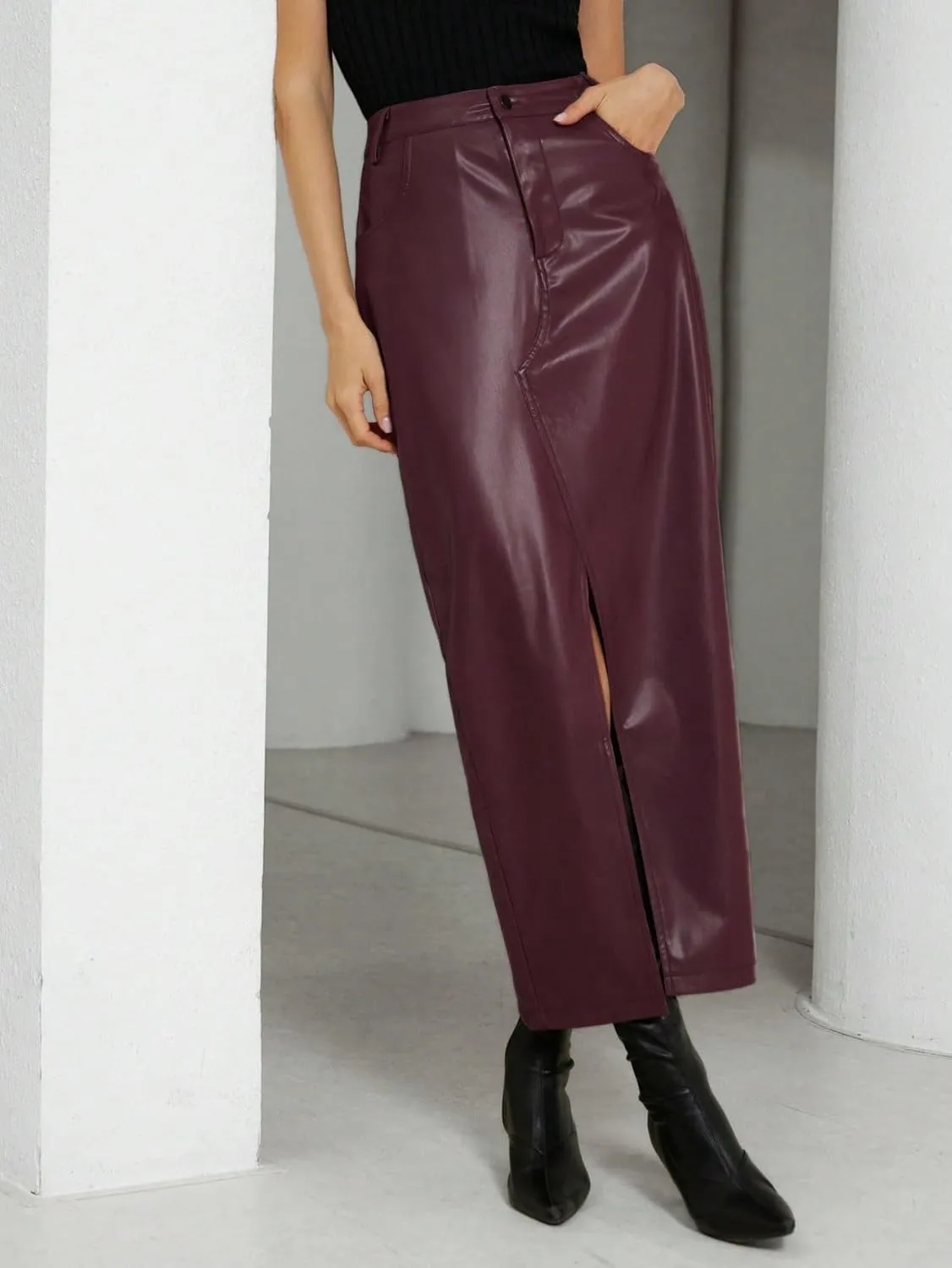 Maxi Skirts for Women Pocket Side Slit Hem Long PU Leather Skirt
