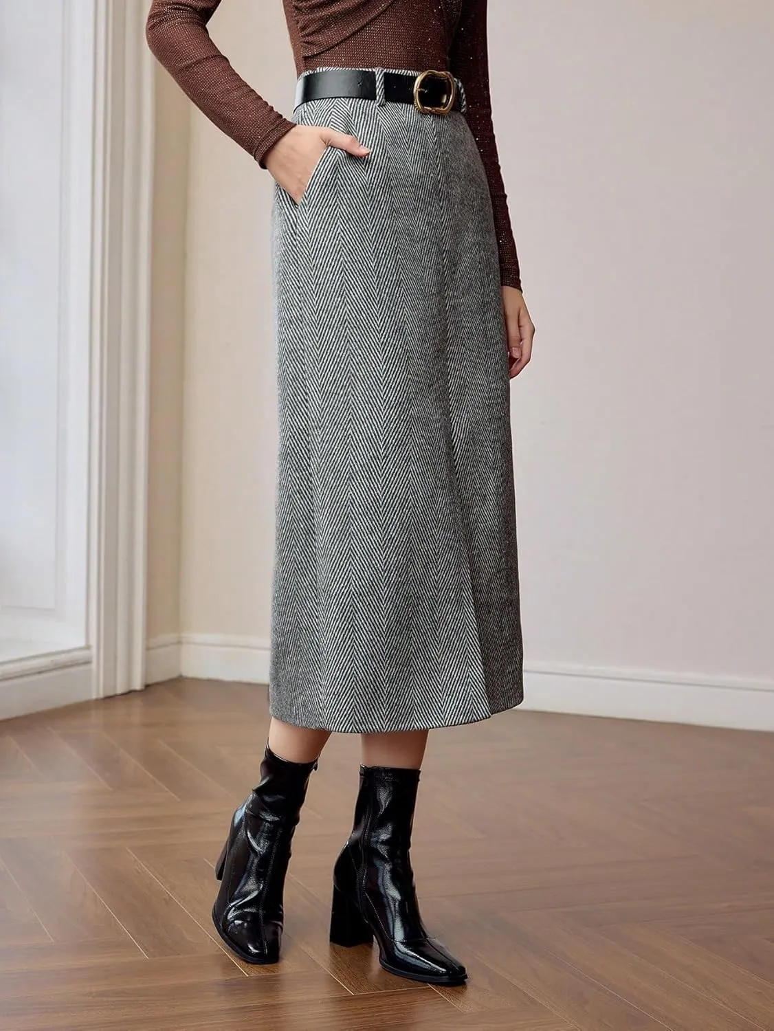 Maxi Skirts for Women Slant Pocket Slit Hem Belted Skirt