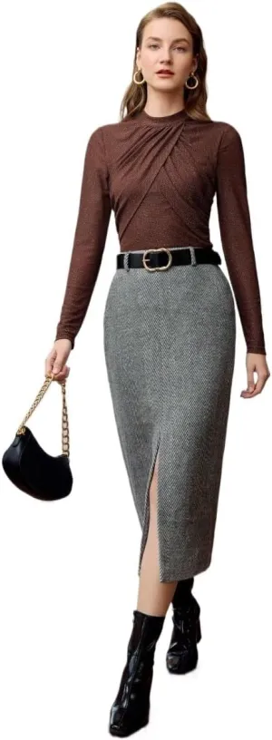Maxi Skirts for Women Slant Pocket Slit Hem Belted Skirt