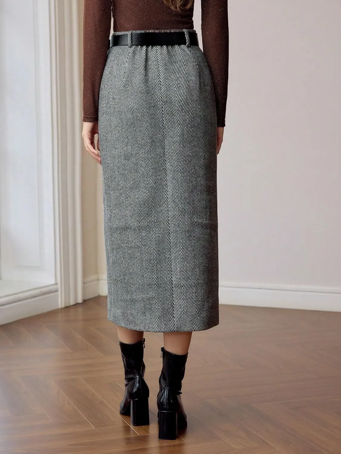 Maxi Skirts for Women Slant Pocket Slit Hem Belted Skirt