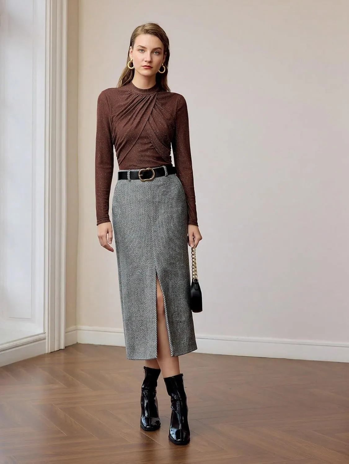 Maxi Skirts for Women Slant Pocket Slit Hem Belted Skirt