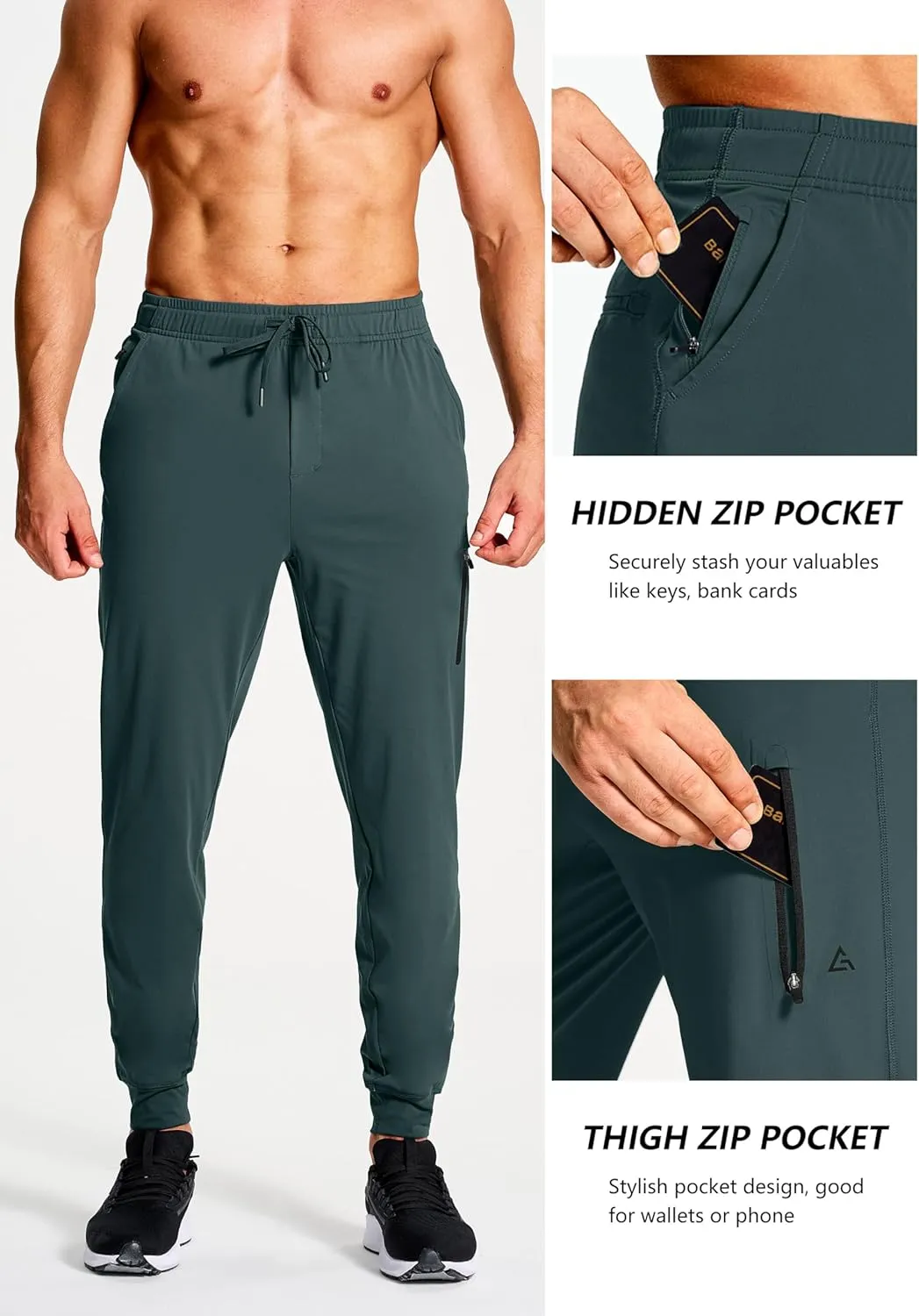 Men's Athletic Joggers Stretch Sweatpants with Zipper Pockets Running Workout Gym Track Golf Pants for Men