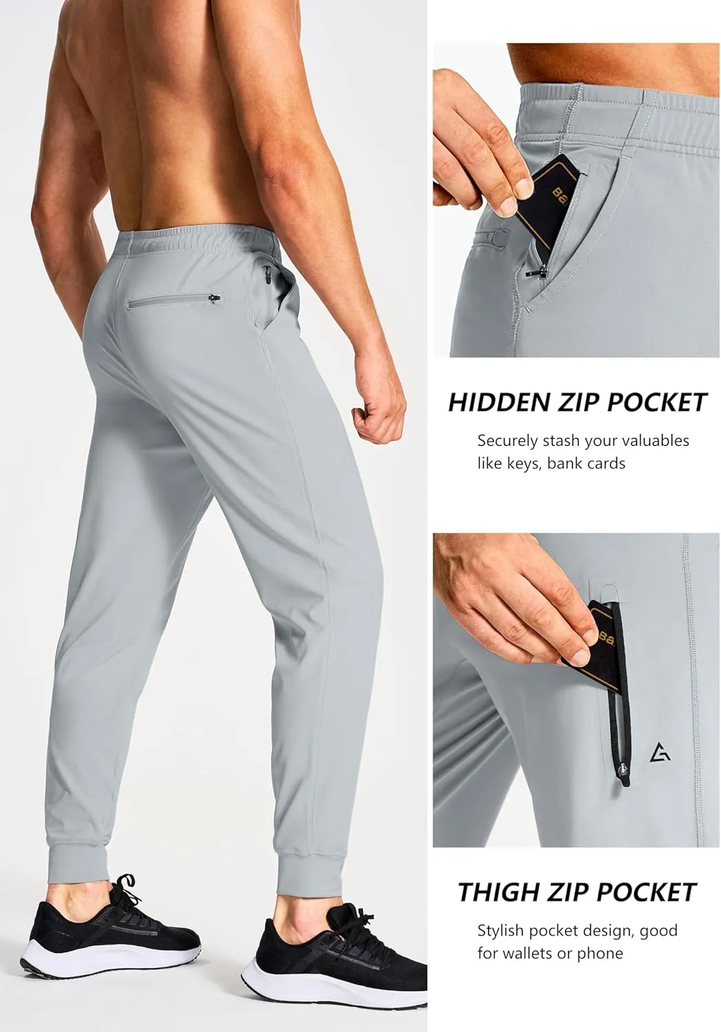 Men's Athletic Joggers Stretch Sweatpants with Zipper Pockets Running Workout Gym Track Golf Pants for Men