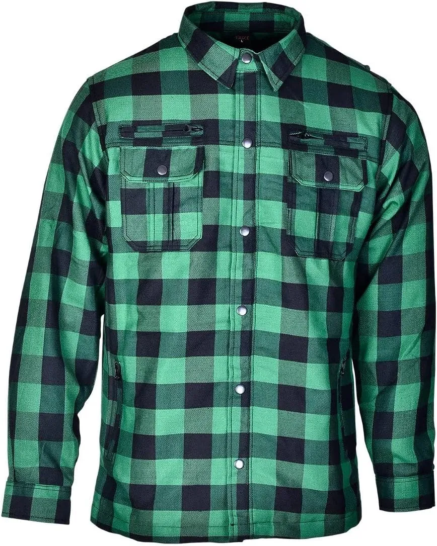 Men's Biker Armored Checkered Flannel Shirt with Kevlar, Waterproof Zippers & C.E. Approved Armors