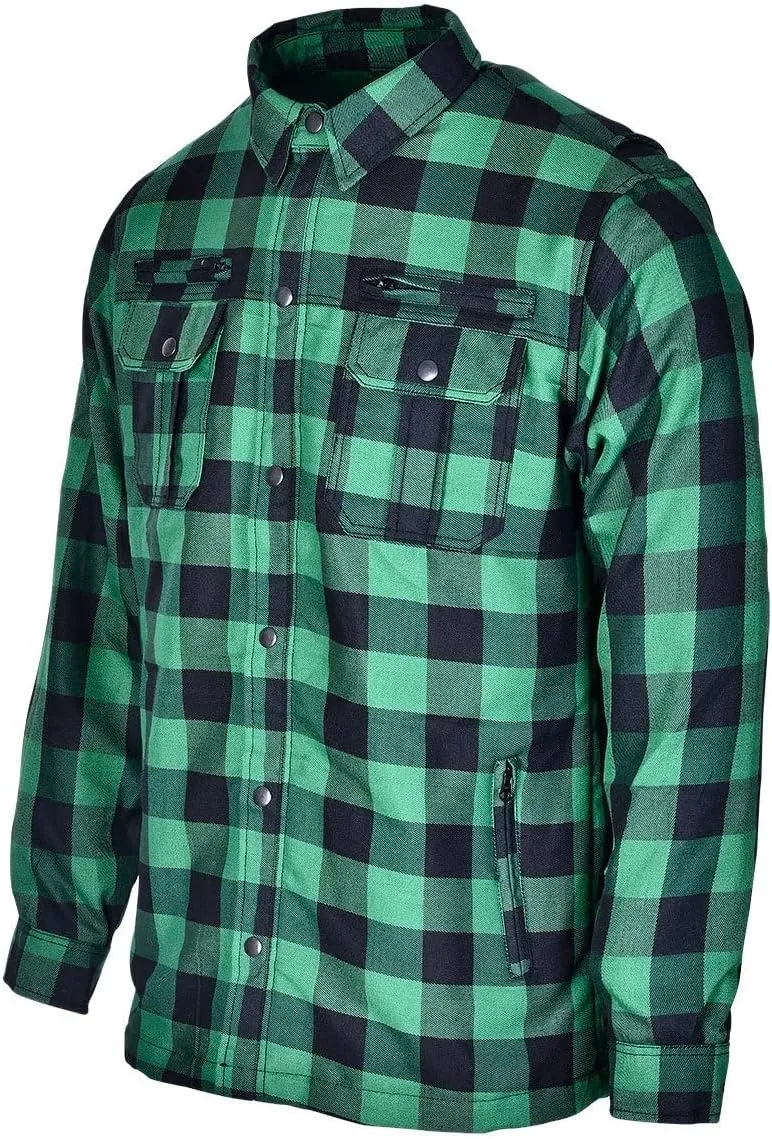 Men's Biker Armored Checkered Flannel Shirt with Kevlar, Waterproof Zippers & C.E. Approved Armors