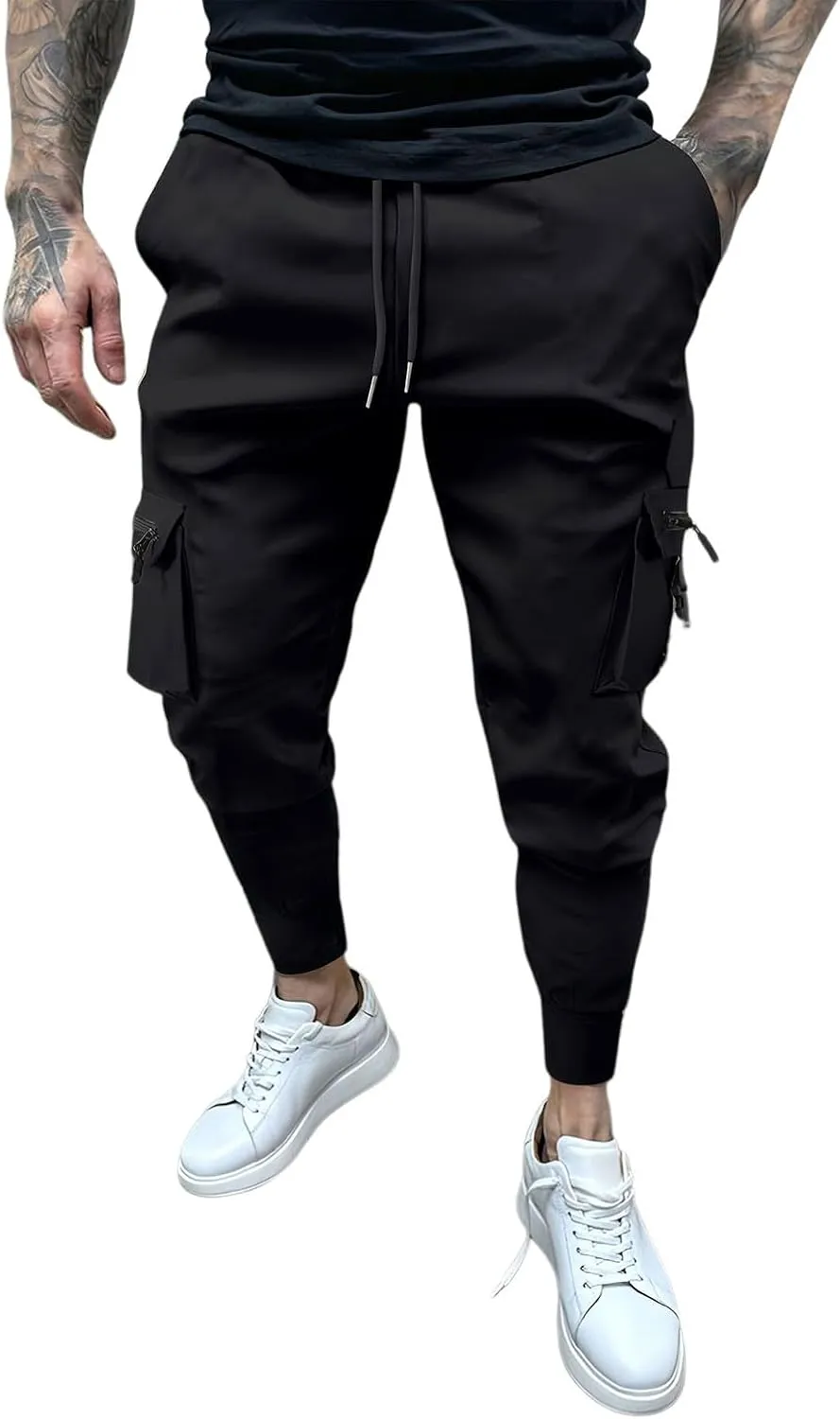 Men's Cargo Jogger Pants Stretch Sweatpants Slim Fit Tactical Pants with Zipper Pockets Casual Trousers Men's Casual Slim Fit Pants Skinny Stretch Dress Slacks #06- Black XX-Large