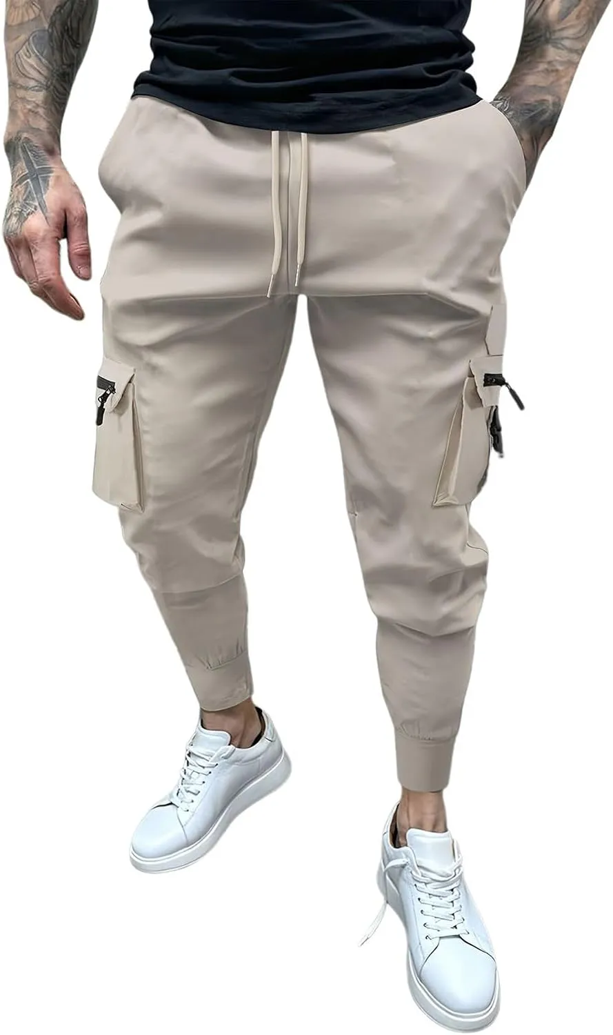 Men's Cargo Jogger Pants Stretch Sweatpants Slim Fit Tactical Pants with Zipper Pockets Casual Trousers Men's Casual Slim Fit Pants Skinny Stretch Dress Slacks #09- Khaki XX-Large