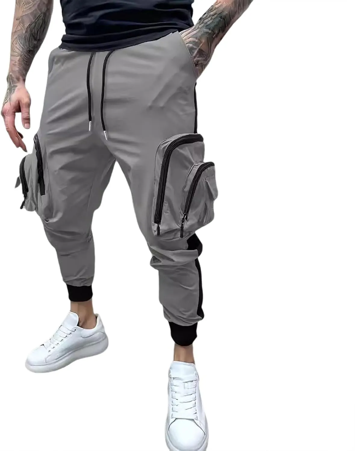Men's Cargo Jogger Pants Stretch Sweatpants Slim Fit Tactical Pants with Zipper Pockets Casual Trousers Men's Casual Slim Fit Pants Skinny Stretch Dress Slacks #18- Grey XX-Large