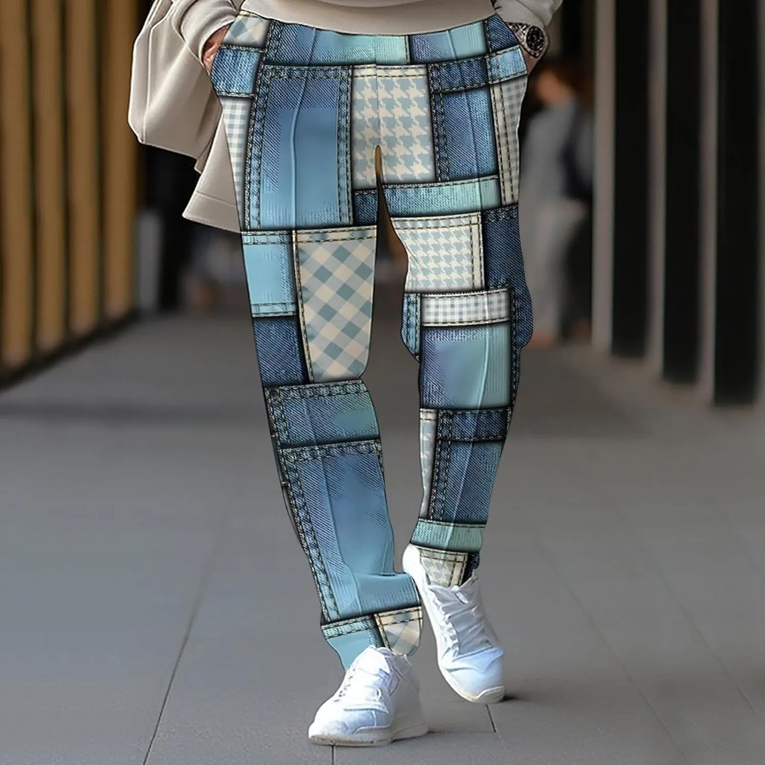 Men's Color Block Slacks Irregular Plaid Printed Casual Pants Beach Vacation Pants Elastic Waist Spring Trousers