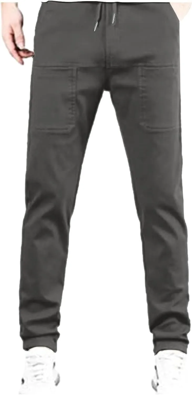 Mens Corduroy Pants Elastic Waist Drawstring Casual Loose Straight Leg Hiking Trousers Slim fit Slacks with Pockets