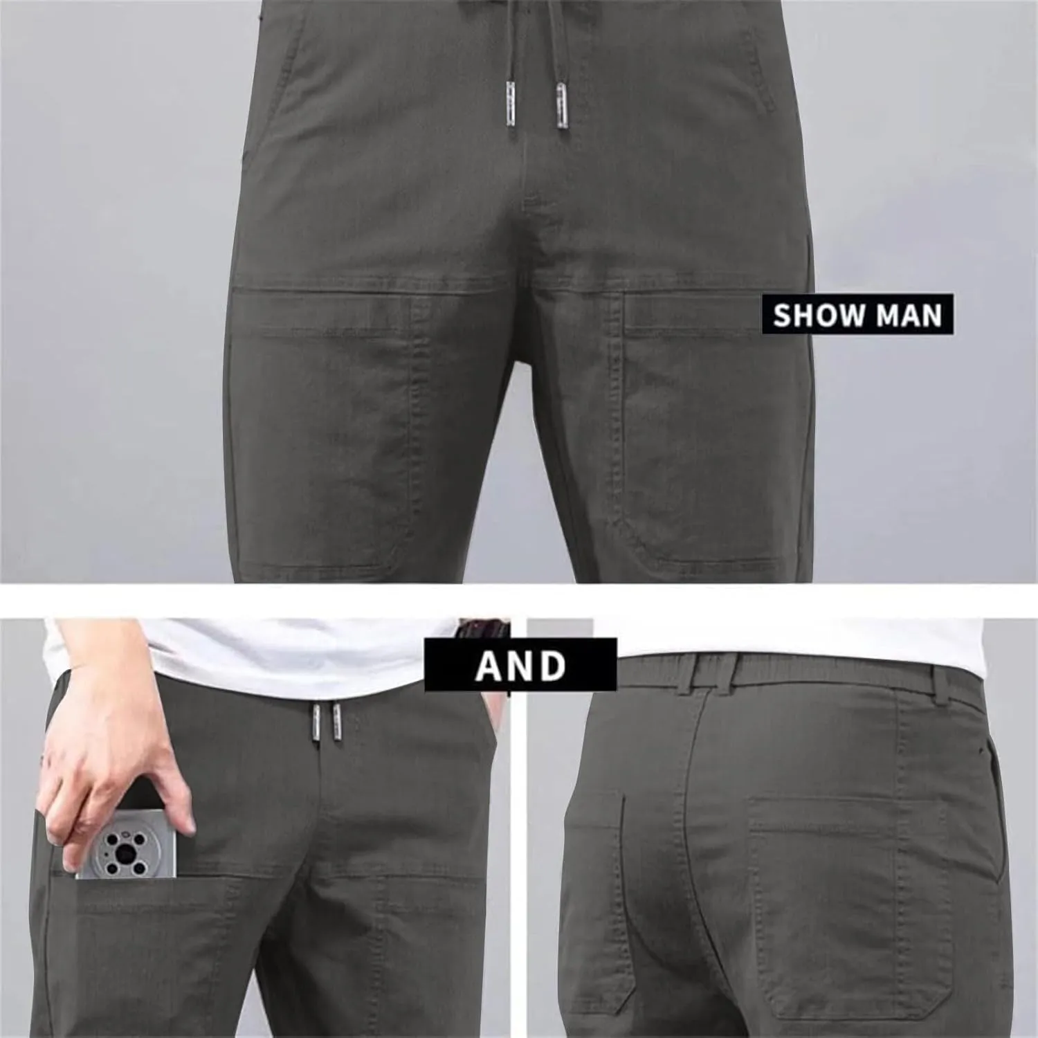Mens Corduroy Pants Elastic Waist Drawstring Casual Loose Straight Leg Hiking Trousers Slim fit Slacks with Pockets