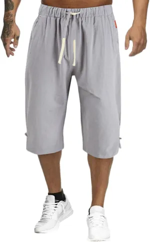 Mens Cotton Linen Shorts Casual Summer Beach Capri Pants Athletic Gym Workout Shorts with Pockets