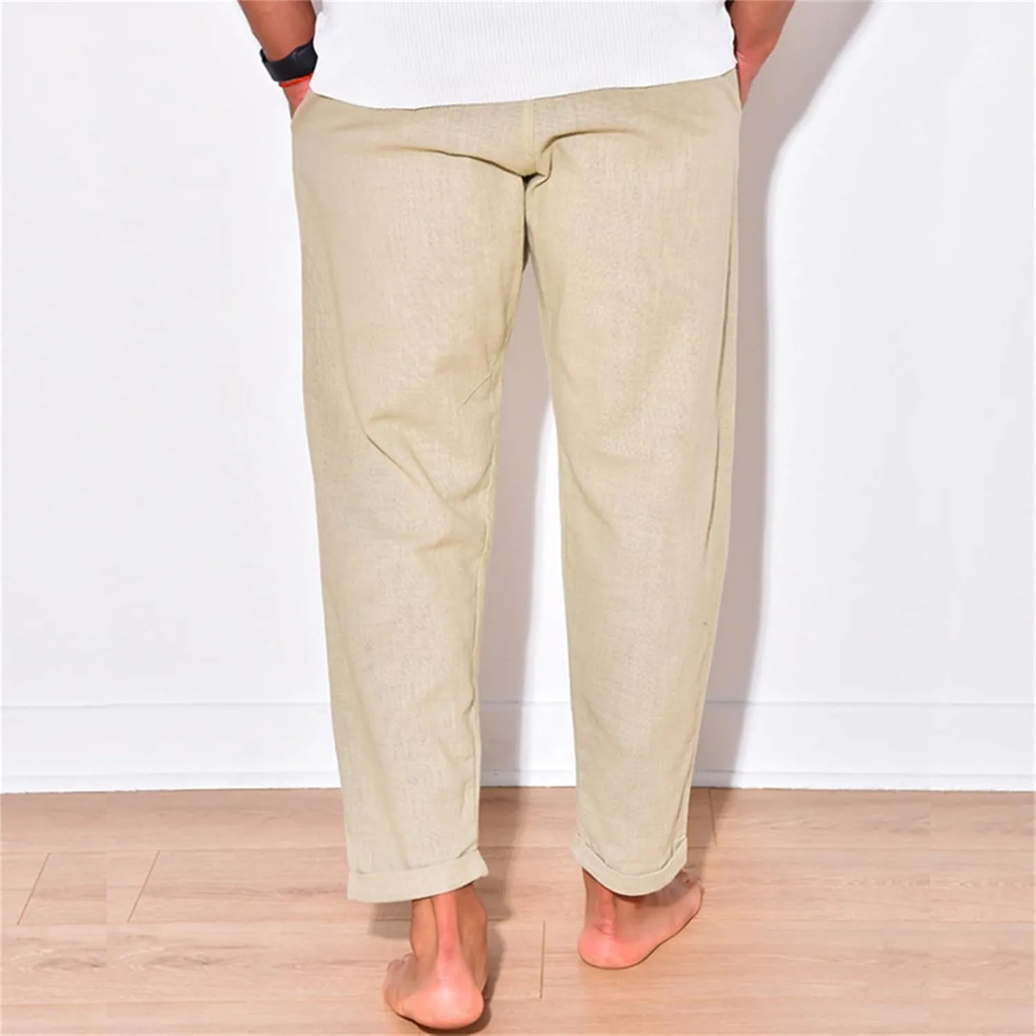 Mens Cotton Linen Stretch Pants Elastic Waist Casual Trousers Lightweight Slim Fit Straight Leg Fashion Pant
