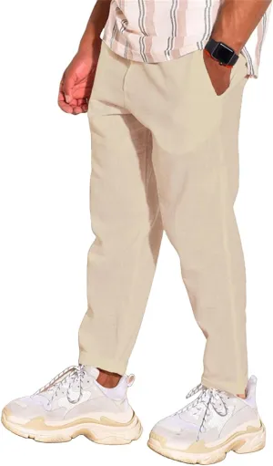 Mens Cotton Linen Stretch Pants Elastic Waist Casual Trousers Lightweight Slim Fit Straight Leg Fashion Pant