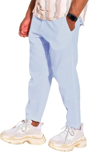 Mens Cotton Linen Stretch Pants Elastic Waist Casual Trousers Lightweight Slim Fit Straight Leg Fashion Pant