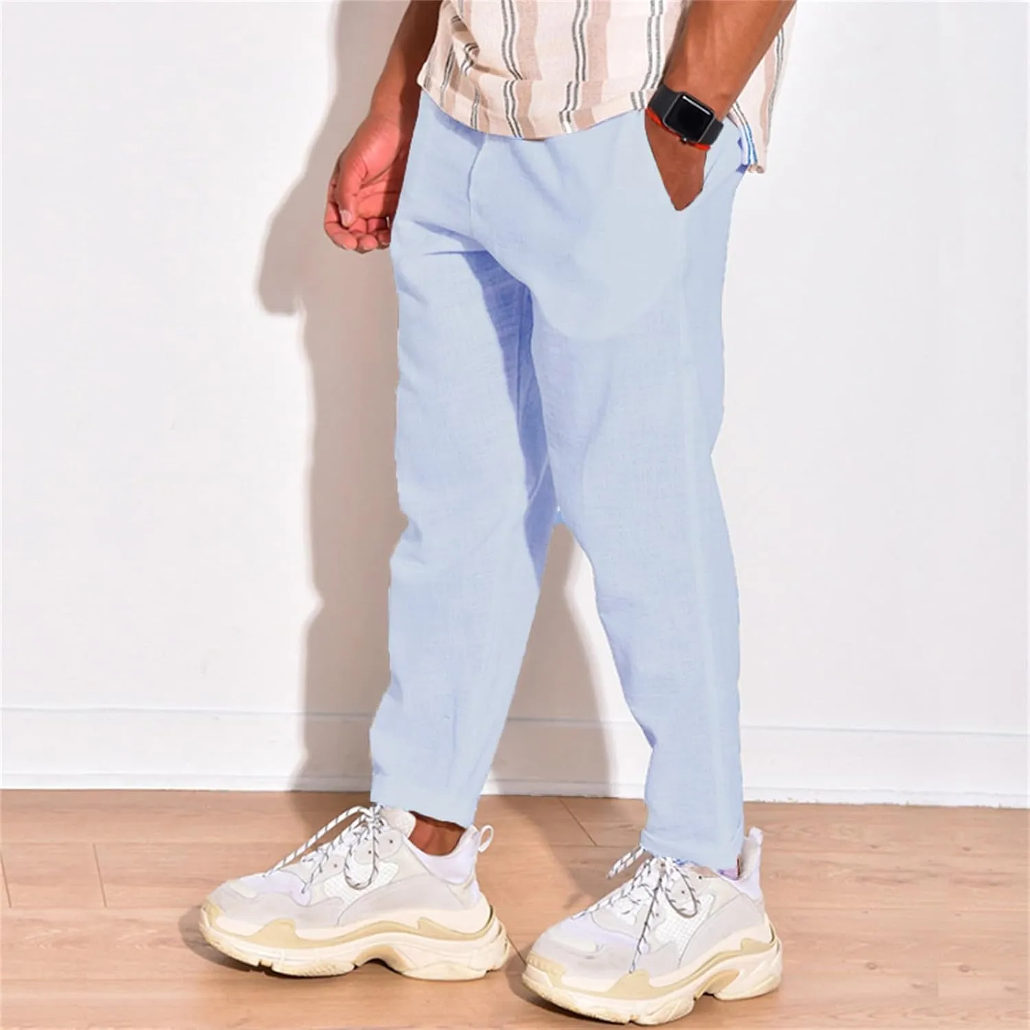 Mens Cotton Linen Stretch Pants Elastic Waist Casual Trousers Lightweight Slim Fit Straight Leg Fashion Pant