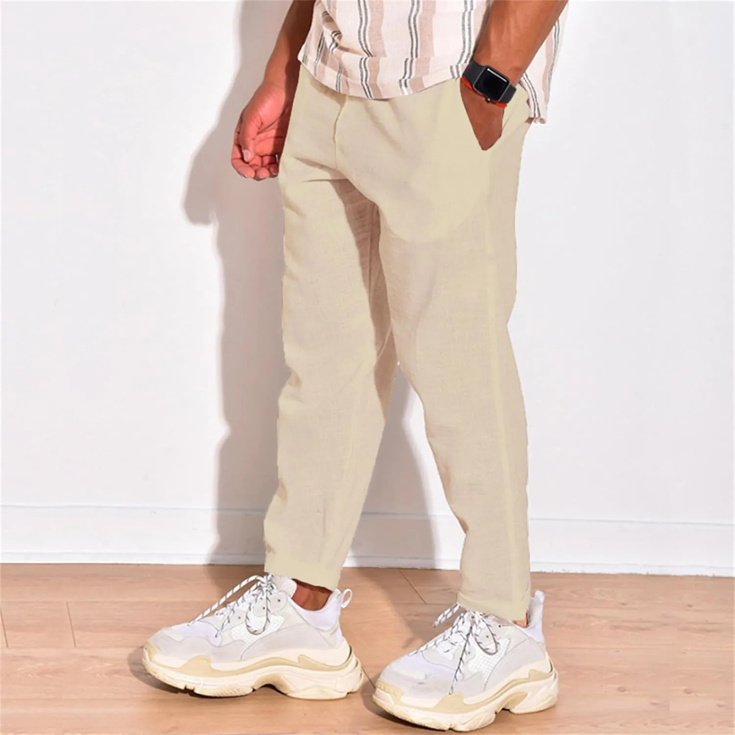Mens Cotton Linen Stretch Pants Elastic Waist Casual Trousers Lightweight Slim Fit Straight Leg Fashion Pant