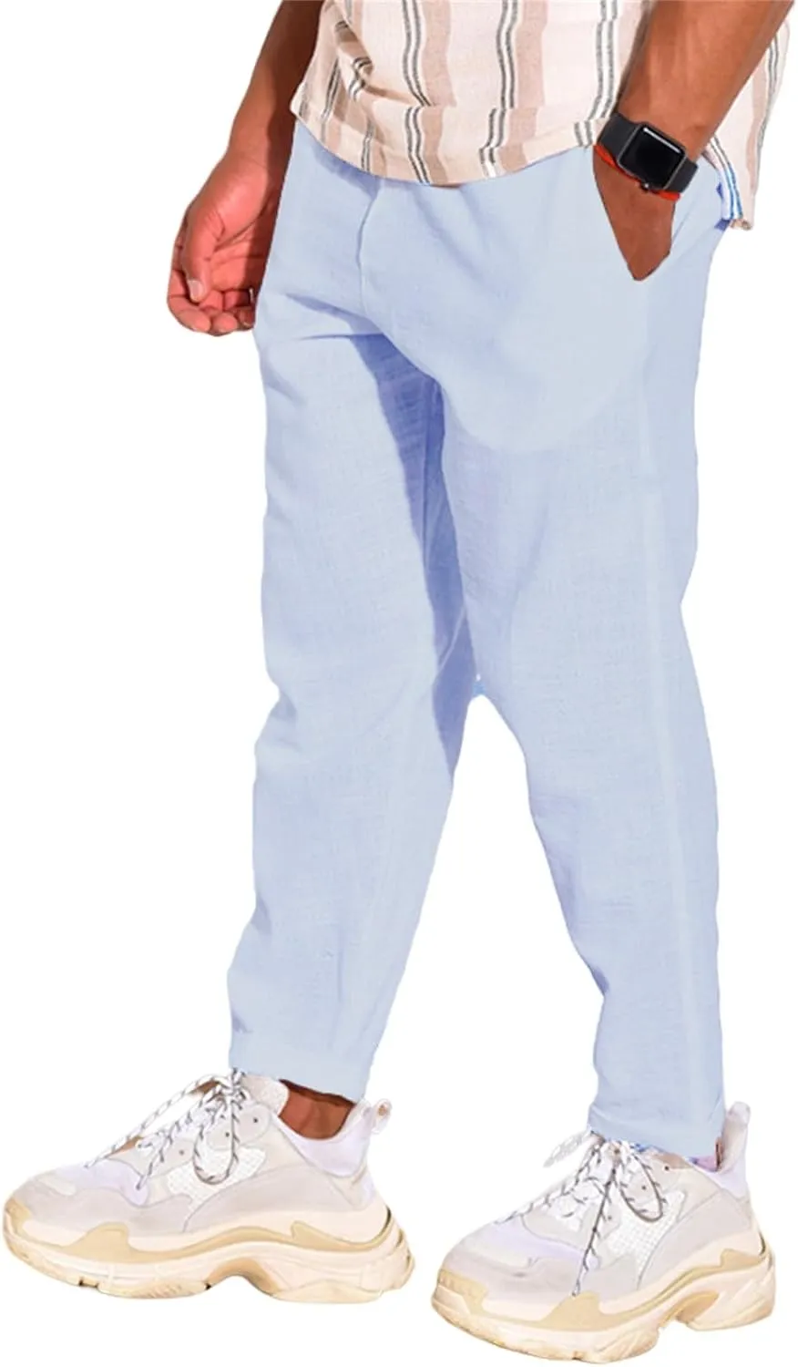 Mens Cotton Linen Stretch Pants Elastic Waist Casual Trousers Lightweight Slim Fit Straight Leg Fashion Pant