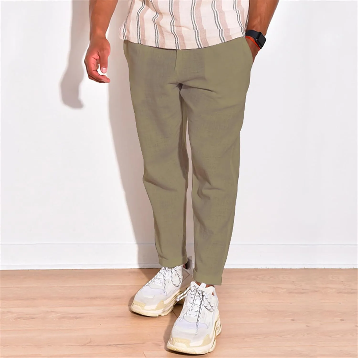 Mens Cotton Linen Stretch Pants Elastic Waist Casual Trousers Lightweight Slim Fit Straight Leg Fashion Pant