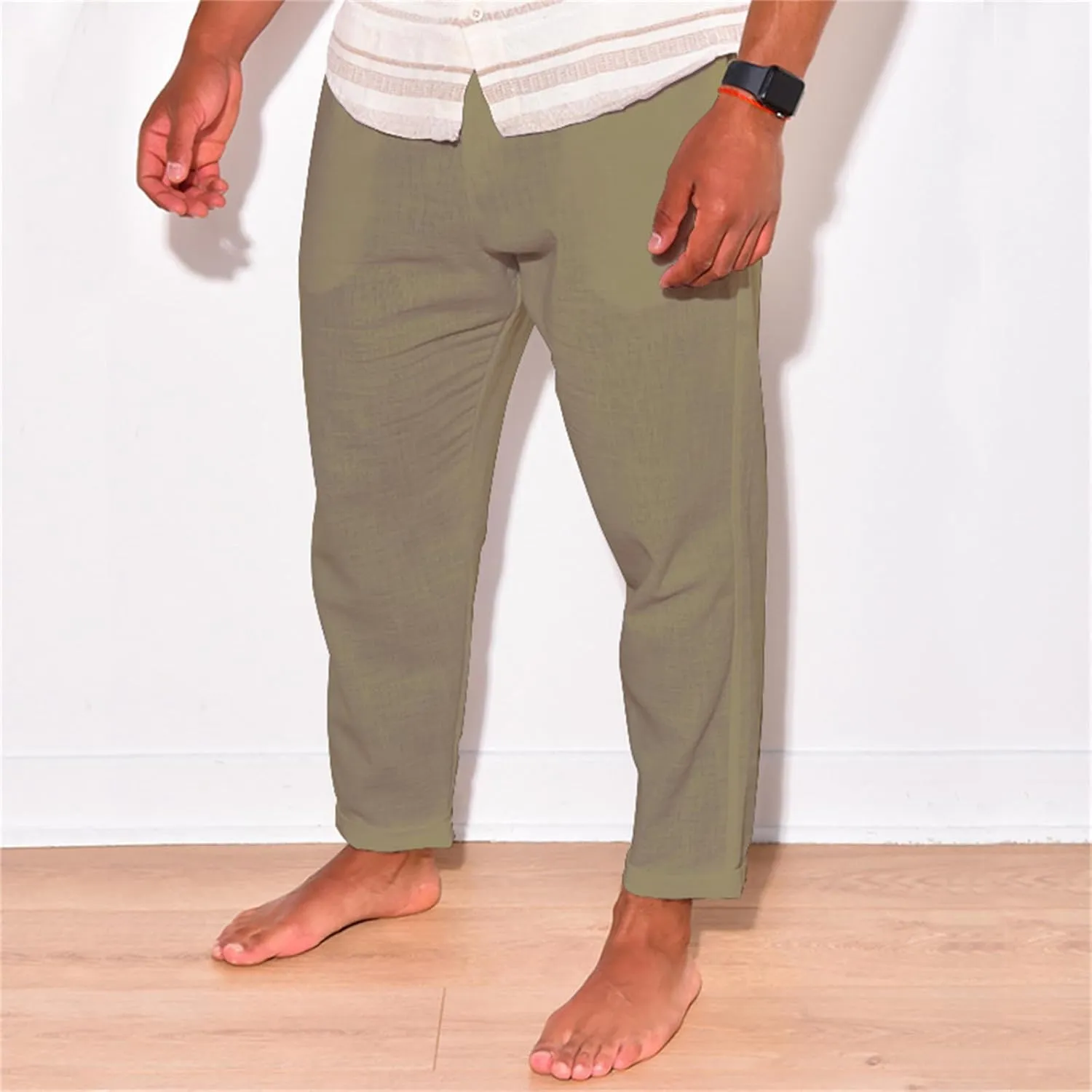 Mens Cotton Linen Stretch Pants Elastic Waist Casual Trousers Lightweight Slim Fit Straight Leg Fashion Pant