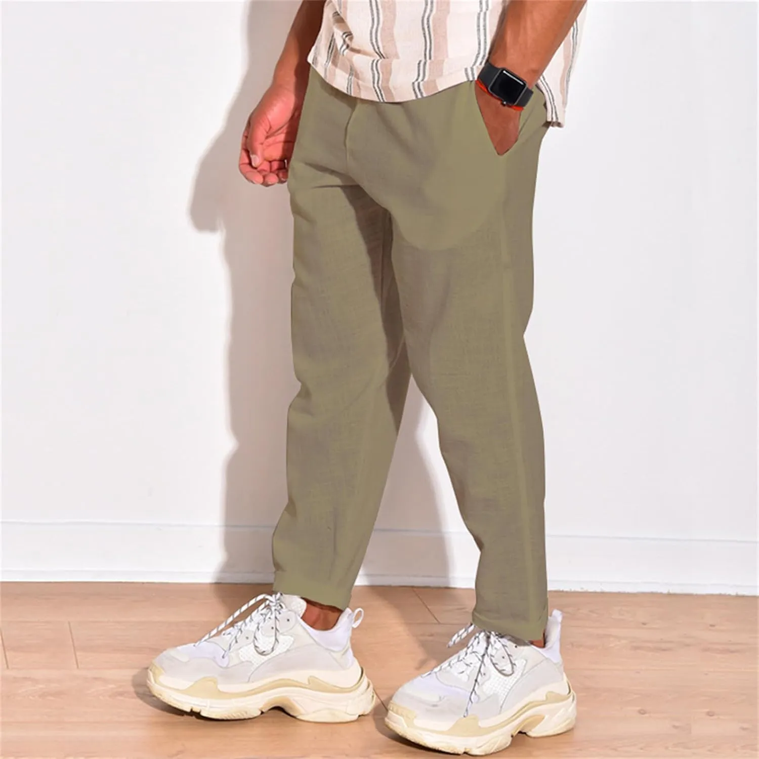 Mens Cotton Linen Stretch Pants Elastic Waist Casual Trousers Lightweight Slim Fit Straight Leg Fashion Pant
