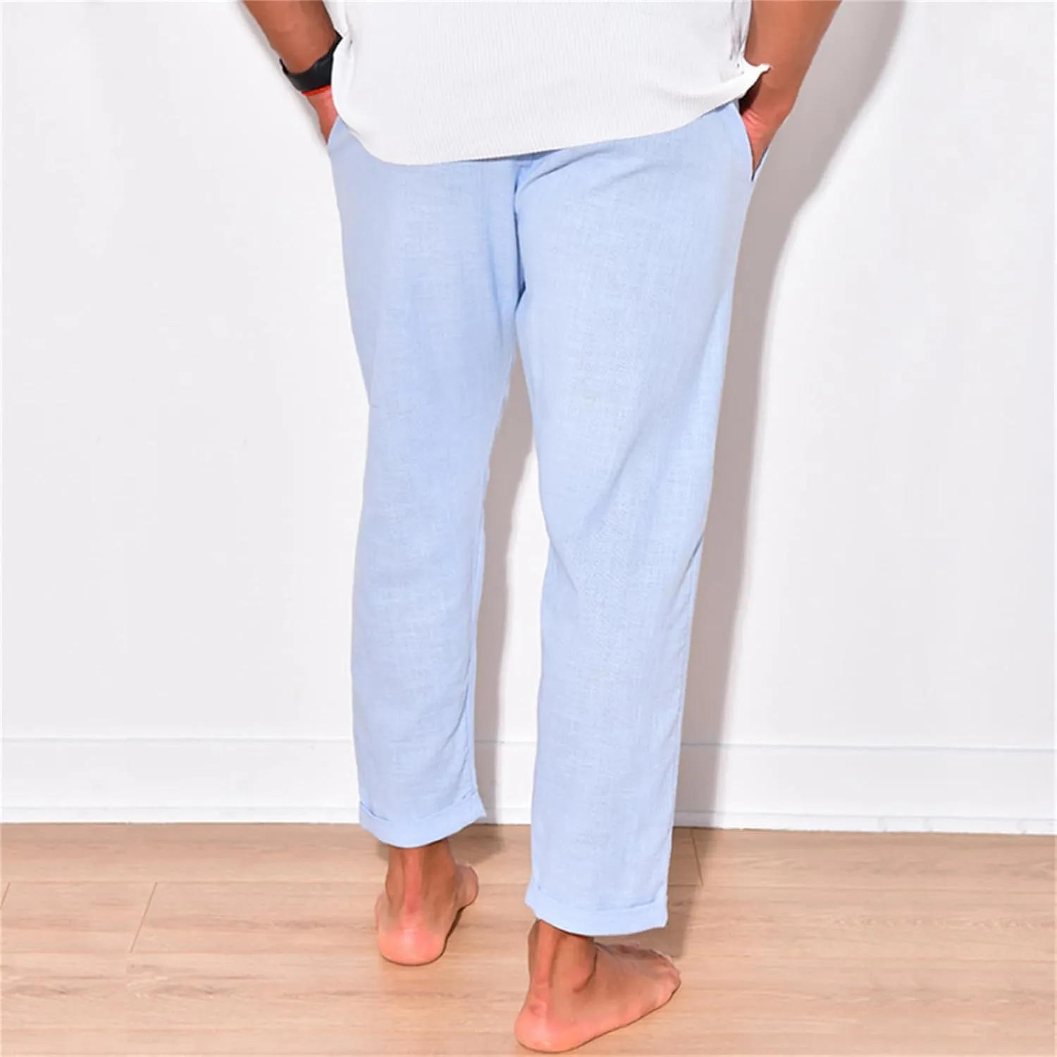 Mens Cotton Linen Stretch Pants Elastic Waist Casual Trousers Lightweight Slim Fit Straight Leg Fashion Pant
