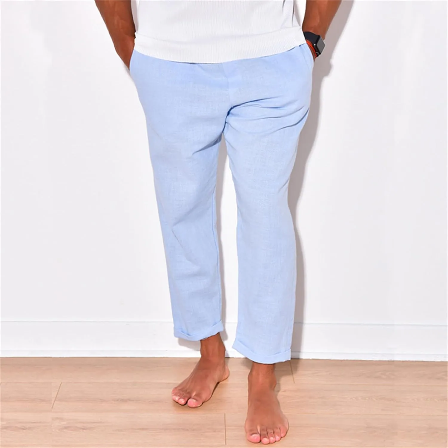 Mens Cotton Linen Stretch Pants Elastic Waist Casual Trousers Lightweight Slim Fit Straight Leg Fashion Pant