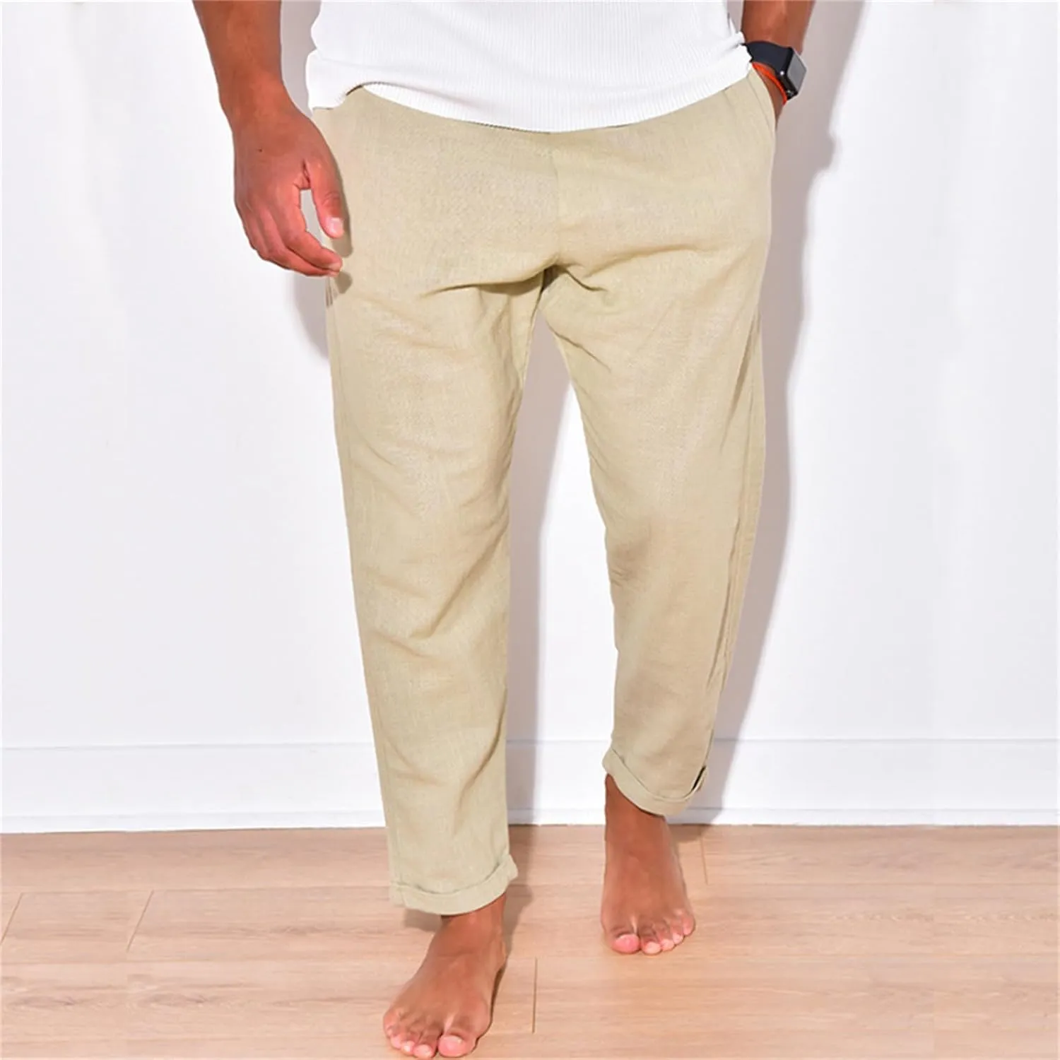 Mens Cotton Linen Stretch Pants Elastic Waist Casual Trousers Lightweight Slim Fit Straight Leg Fashion Pant