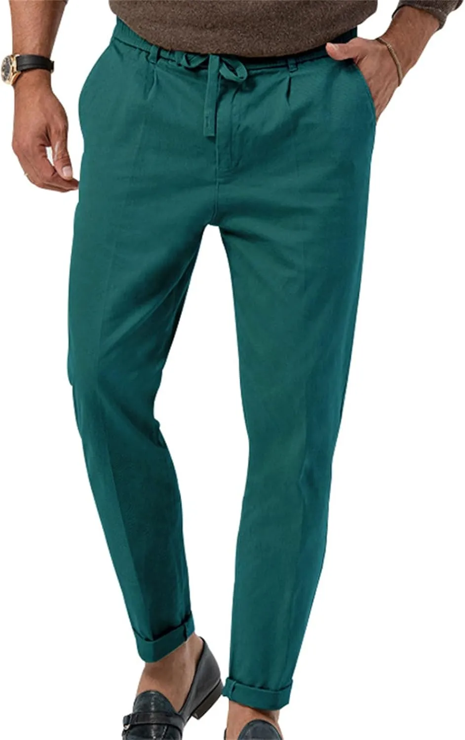 Mens Dress Pants Straight Elastic Waist Casual Lightweight Slim Fit Solid Pants Beach Yoga Business Trousers Pockets