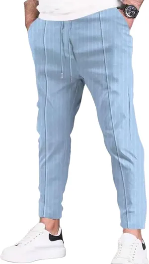 Mens Fashion Striped Pants Slim Fit Elastic Waist Straight Casual Pajama Sweatpants Comfort Jogger Trousers