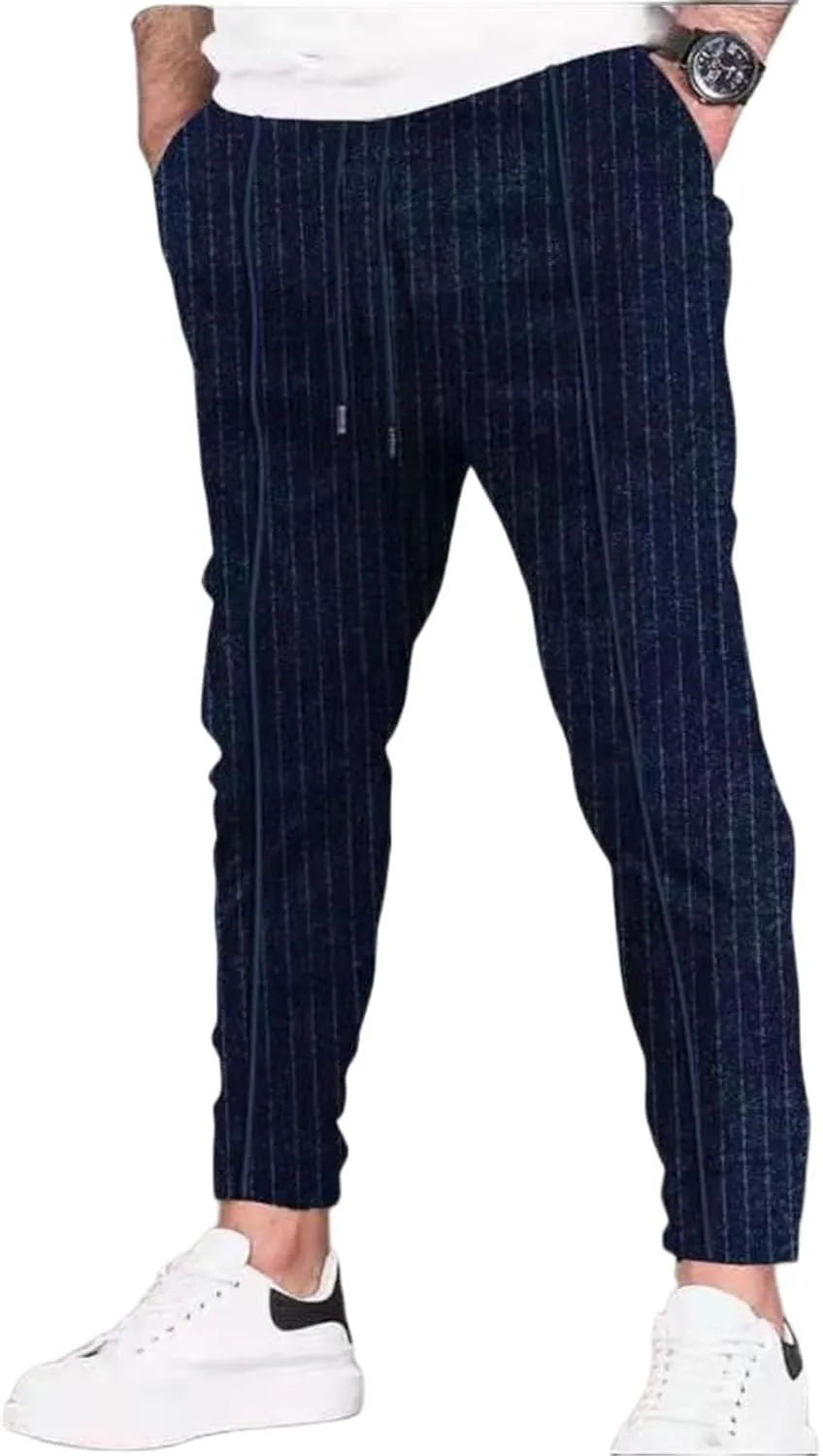 Mens Fashion Striped Pants Slim Fit Elastic Waist Straight Casual Pajama Sweatpants Comfort Jogger Trousers