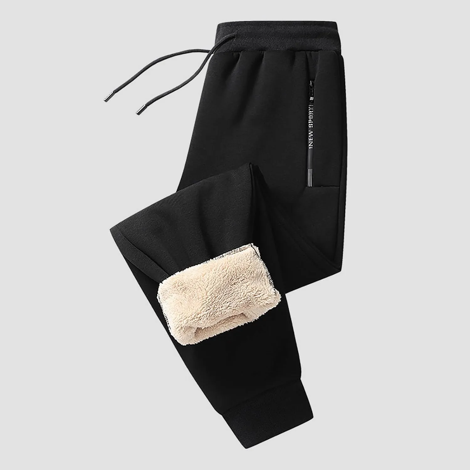 Mens Fleece Lined Pants, Mens Sherpa Lined Sweatpants Winter Warm Fleece Pants Straight Leg Drawstring Jogging Pants