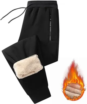 Mens Fleece Lined Pants, Mens Sherpa Lined Sweatpants Winter Warm Fleece Pants Straight Leg Drawstring Jogging Pants