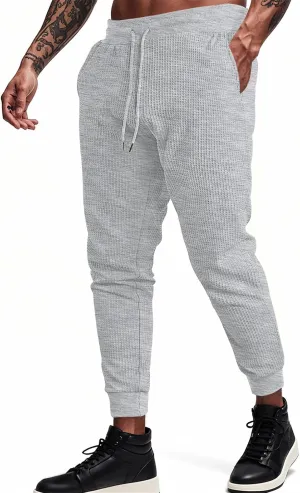 Men's Joggers Sweatpants Waffle Elastic Waist Drawstring Tapered Trousers Slim Fit Workout Running Athletic Pants