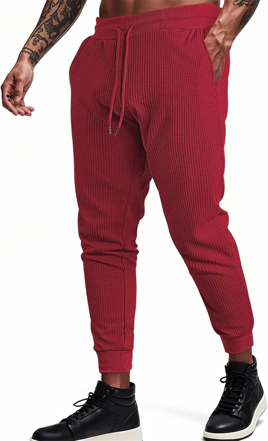Men's Joggers Sweatpants Waffle Elastic Waist Drawstring Tapered Trousers Slim Fit Workout Running Athletic Pants