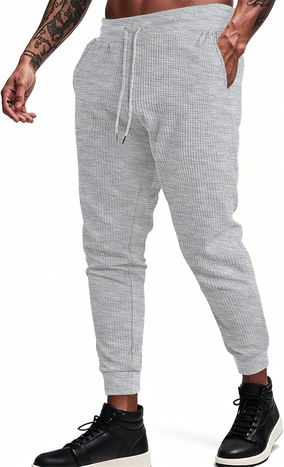 Men's Joggers Sweatpants Waffle Elastic Waist Drawstring Tapered Trousers Slim Fit Workout Running Athletic Pants