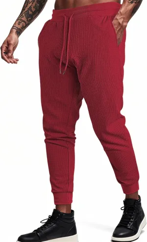 Men's Joggers Sweatpants Waffle Elastic Waist Drawstring Tapered Trousers Slim Fit Workout Running Athletic Pants
