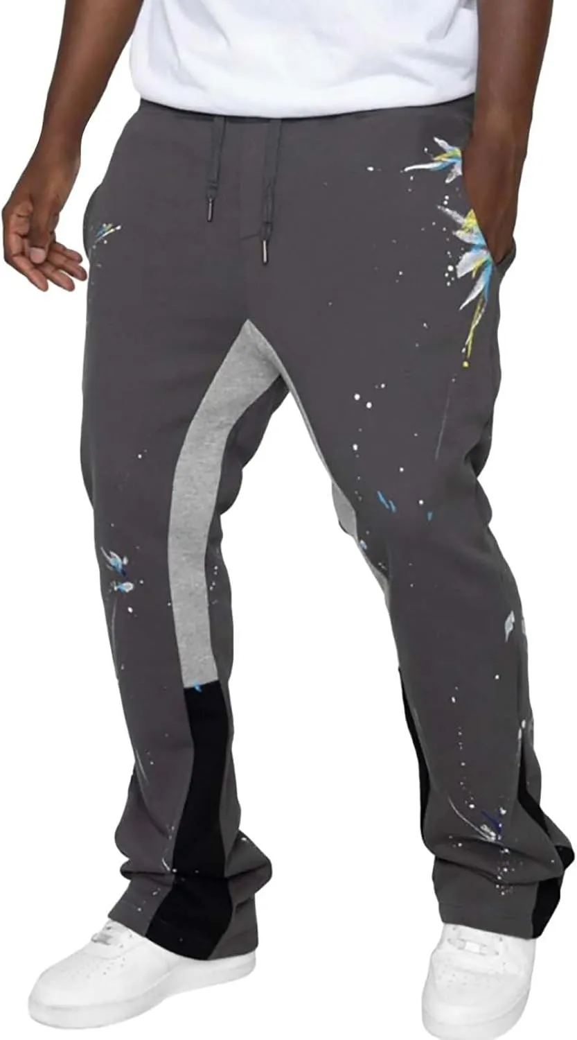 Mens Stacked Flared Jogger Sweatpants Patchwork Casual Y2K Wide Leg Track Pants Hippie Printed Bell Bottom Pants