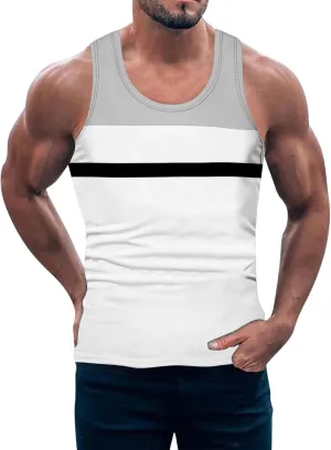 Men's Striped Patchwork Print Racerback Vest Sleeveless Casual Athletic Summer Beach Tank Top Workout Gym Running Sport Shirt