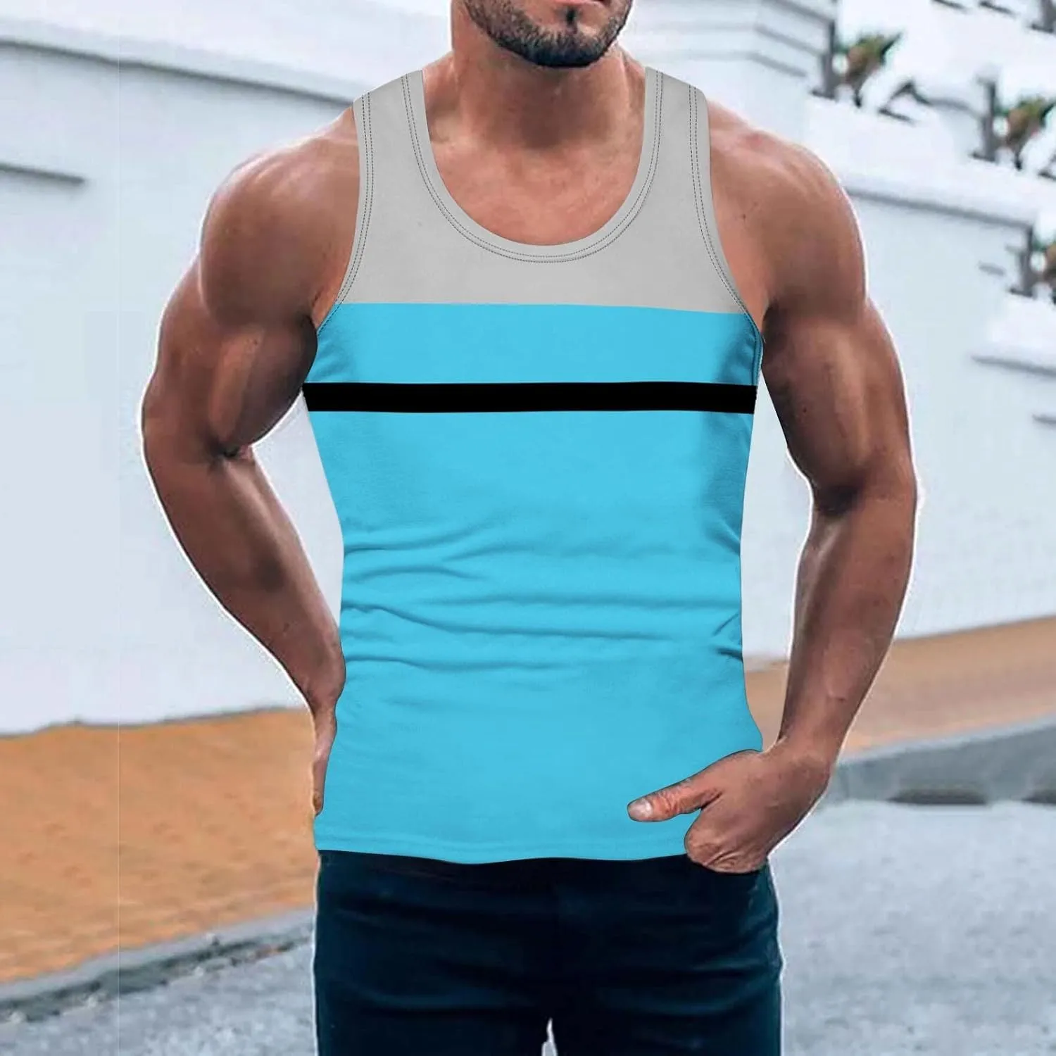 Men's Striped Patchwork Print Racerback Vest Sleeveless Casual Athletic Summer Beach Tank Top Workout Gym Running Sport Shirt