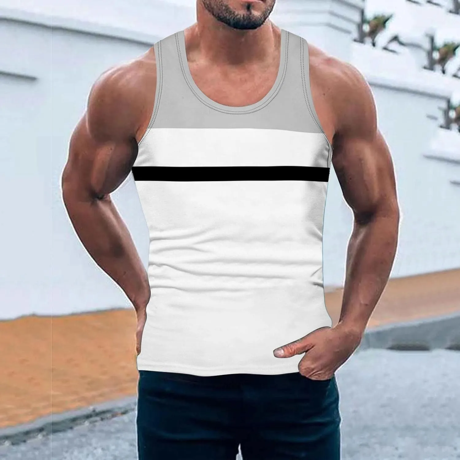Men's Striped Patchwork Print Racerback Vest Sleeveless Casual Athletic Summer Beach Tank Top Workout Gym Running Sport Shirt
