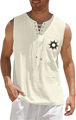 Mens Summer Beach Sleeveless Shirts Lace Up Fashion Printed Tank Tops with Pocket Comfort Cotton Muscle Fit Gym Workout Vest