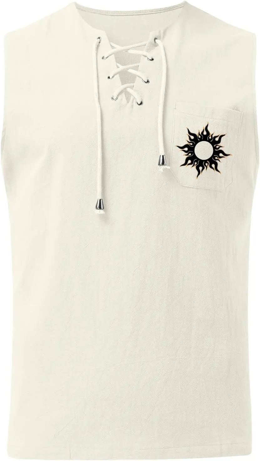 Mens Summer Beach Sleeveless Shirts Lace Up Fashion Printed Tank Tops with Pocket Comfort Cotton Muscle Fit Gym Workout Vest