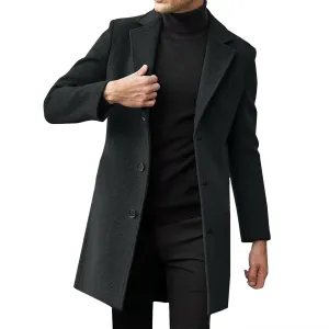 Mens Wool Blend Trench Coat Slim Fit Notched Collar Long Jacket Winter Overcoat Single Breasted Pea Coat wih Pockets