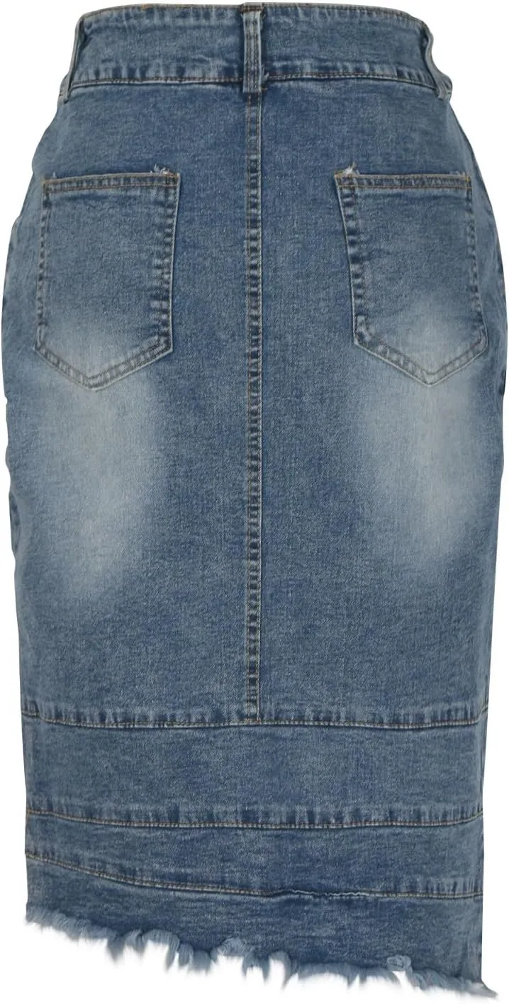 Midi Denim Skirts for Women Irregular Hem Denim Skirts High Waist Wrap Skirt Washed Jean Midi Skirts Half Dress